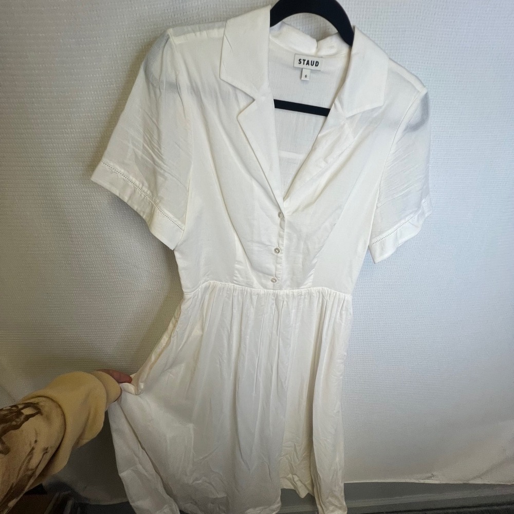 STAUD White Cotton Button Front Maxi Shirt Dress Short Sleeve Size 6 Pockets
